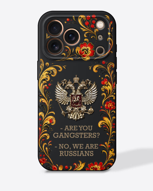 Герб России в стиле хохлома рамка с цитатой «- ARE YOU GANGSTERS?» — Черный чехол с принтом