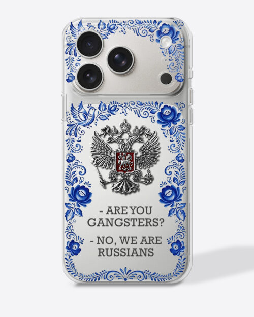Герб России в стиле гжель с цитатой «Are you gangsters?» — Чехол с принтом