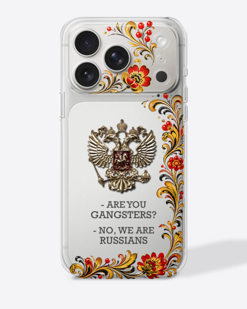 Герб России в стиле хохлома с цитатой «Are you gangsters?» — Чехол с принтом
